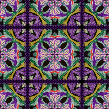 Siyah arkaplanda canlı ipliklerle çiçek ve yaprak motifleri ile renklendirilmiş geometrik dikişsiz vektör deseni. Geleneksel tekstil tasarımı. Sonsuz doku. Etnik süsler.