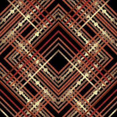 Kusursuz geometrik işlemeli desenli kabilesel zigzag ve soyut şekiller, siyah arkaplanda toprak renginde çizgiler. Tekstil ve duvar kağıdı tasarımı için zengin dikişli vektör dokusu.