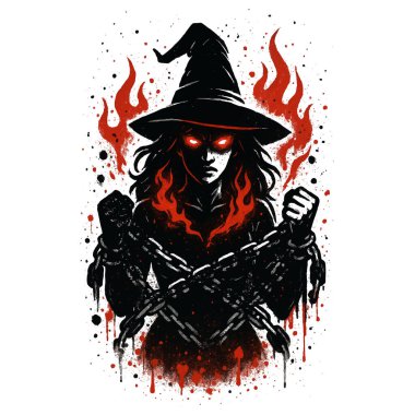 Parlayan gözleri ve zincirlenmiş alevli aurası olan kara bir cadı. Kırmızı ve siyah paletli dramatik mürekkep sıçrama stili. Gizemli ve yoğun bir fantezi vektör çizimi. Beyaz üzerine izole tasarım.