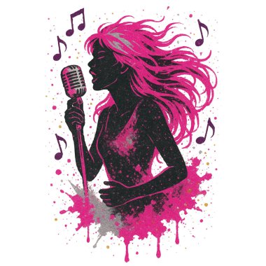Graffiti stili kadın şarkıcı vektör silueti dalgalı saçlar, klasik mikrofon ve canlı pembe lekeler. Dinamik enerjisi ve notaları olan etkileyici pop müzik konsepti. Çağdaş beyazdan soyutlanmış.