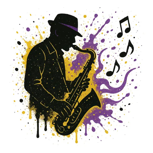 Siluet tarzında saksafon çalan caz müzisyeni. Mor ve sarı boya damlaları ritmi ve enerjiyi arttırır. Müzik ve ruhun sanatsal ifadesi. Beyaz üzerine izole vektör tasarımı.