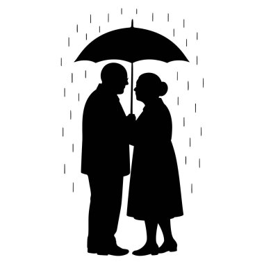 Yağmurda şemsiye altında duran yaşlı bir çiftin silueti. Beyaz arka planda basit bir siyah vektör çizimi, yaşlılıkta aşkı ve ilgiyi sembolize ediyor. İzole tasarım.