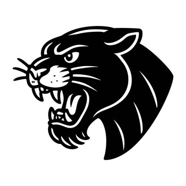 Kükreyen bir panter kafasının silueti. Keskin çizgileri ve beyaz arka planda agresif ifadesi olan koyu siyah bir illüstrasyon. Logolar, amblemler, parmak izleri ya da dövmeler için mükemmel. İzole edilmiş.