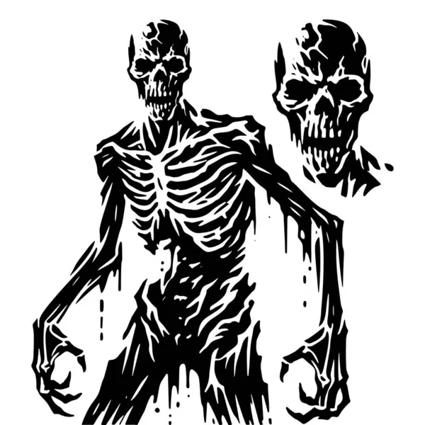 Keskin kaburgaları ve damlayan vücuduyla korkunç bir zombi canavarın siyah vektör silueti. Korku stili, Cadılar Bayramı veya karanlık fantezi temaları için beyaz arkaplanda izole edilmiş bir illüstrasyon.