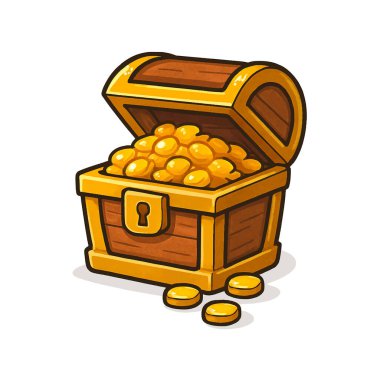 Altın sikkelerle dolu hazine sandığı, ahşap kutulu el çizimi illüstrasyon ve parlak altın hazine, beyaz arka planda izole vektör tasarımı..