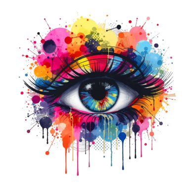 Renkli grafiti stili sıvı boya sıçraması, mürekkep damlaları ve beyaz arka planda yarım ton dokuları olan gerçekçi bir mavi gözün 3 boyutlu vektör deseni çizimi. İzole edilmiş modern güzel tasarım..