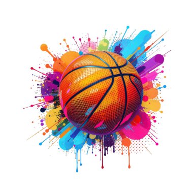 3d Dinamik vektör desenli bir basketbol topu canlandırması canlı boya sıçramaları ve yarım ton efektleri temiz beyaz arka planda grafiti tarzında. İzole edilmiş modern spor tasarımı.