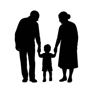 Torunlarıyla el ele tutuşan büyükanne ve büyükbabaların silueti. Dokunaklı bir aile anı beyaz bir arka planda aşkı, ilgiyi ve nesilsel bağı sembolize ediyor. İzole tasarım.