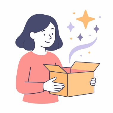 Gülümseyen bir kızın parlayan yıldızlar ve parlayan parıltılarla dolu sihirli bir kutuyu açtığı düz vektör çizimi, sürpriz, merak ve neşeli keşfi simgeliyor..