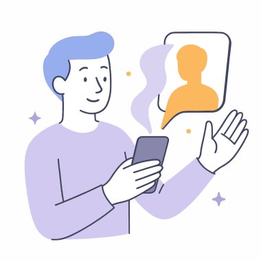 Akıllı telefondan video görüşmesi yapan bir adamın düz vektör çizimi. Bir kişi simgesi ile bir sohbet balonu görünür, iletişimi, bağlantıyı ve dijital konuşmayı sembolize eder.