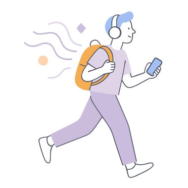 Sırt çantası ve kulaklıkla yürüyen akıllı telefon tutan genç bir adamın düz vektör çizimi. Modern yaşam tarzını, hareket kabiliyetini ve hareket halindeki müzikten keyif almayı temsil eder..