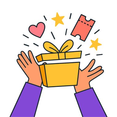 Kalp, yıldızlar ve dışarı fırlayan bir bilet gibi sürpriz unsurlar içeren hediye kutusunu açan ellerin vektör çizimi. Sevincin, ödülün ya da kutlamanın sembolü.