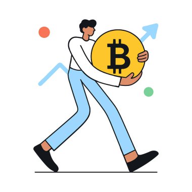 Bir kişinin yukarı doğru ok ile büyük bir Bitcoin sembolü taşıyan düz vektör çizimi, kripto para birimi büyümesini temsil ediyor. Temiz beyaz arkaplan.