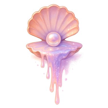 Parlayan bir inciyle açık deniz kabuğu, rüya gibi yanardöner bir sıvının içinde eriyor. Yumuşak pastel tonlar ve ışıltılar büyülü bir sualtı fantezi ortamı yaratır. Beyaz üzerinde izole vektör.