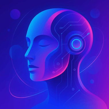 Parlak devreler ve neon ışıklarla profil oluşturan gelecekçi kadın cyborg kafası. Koyu arkaplanda mavi ve pembe tonlarda yapay zeka teknolojisi kavramı. Vektör illüstrasyonu.