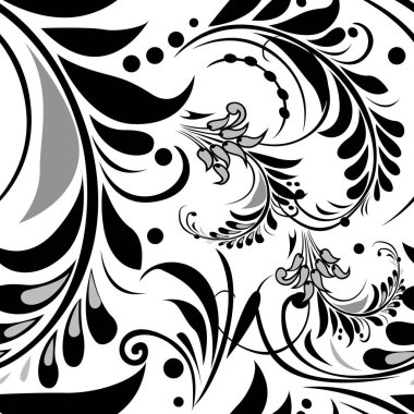 Beyaz arka planda güzel, pürüzsüz, siyah ve gri çiçek deseni. El çizimi barok tarzı çiçekler, yapraklar ve noktalar klasik süsler. Sonsuz süs dokusu. Modern gelişim tasarımı.