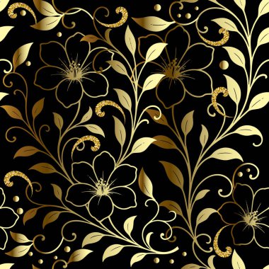 Altın çizgili sanat çiçekleri, yapraklar ve siyah bir arka planda ışıldayan buklelerle süslü, pürüzsüz çiçek deseni. Tekstil ve duvar kağıtları için zarif modern ve dekoratif altın vektör tasarımı.