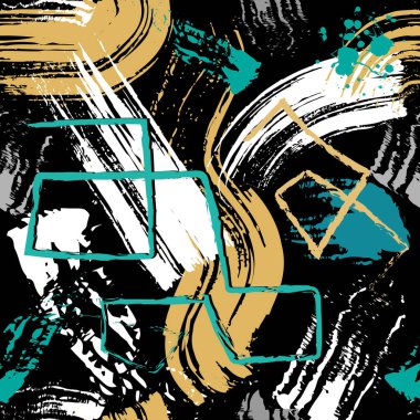 Cesur fırça darbeleriyle, sıçramalarla ve kabile işaretleriyle modern soyut duvar yazıları, altın, siyah, beyaz. Sanatsal bir havası olan şehir dinamik kirli tasarımı. Sonsuz grunge dokusu.