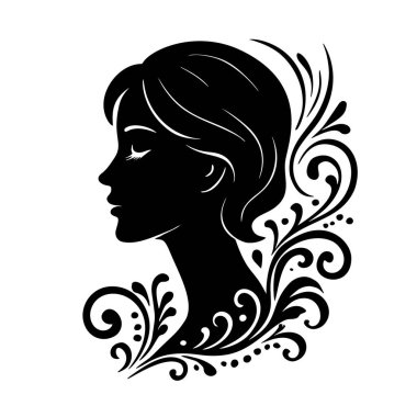 Kapalı gözlü, boynu ve kafasının etrafında süslü çiçeklerle süslenmiş, beyaz bir arka planda izole edilmiş bir kadın silueti..