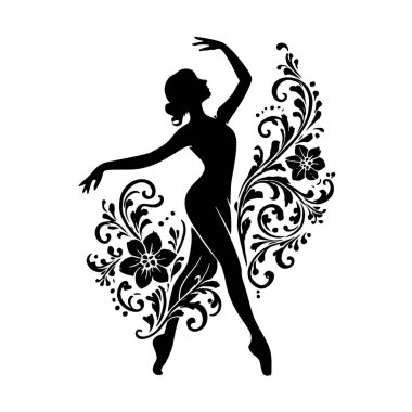 Zarif bir balerinin zarif siyah silueti süslü çiçeklerle ve girdaplarla dans ediyor, beyaz arka planda izole edilmiş bir vektör..
