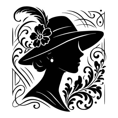 Geniş kenarlı şapkalı bir kadının siyah silueti çiçek ve tüyle süslenmiş, zarif dekoratif girdaplarla çevrili, beyaz arka planda izole edilmiş bir vektör..
