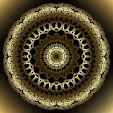 3D süslemeli altın mandala deseni. Karmaşık çiçek desenleri ve girdaplı lüks süsler. Siyah arka planda, yumuşak bir renk değişimiyle. Klasik çiçeklerle süslenmiş modern altın mandala..