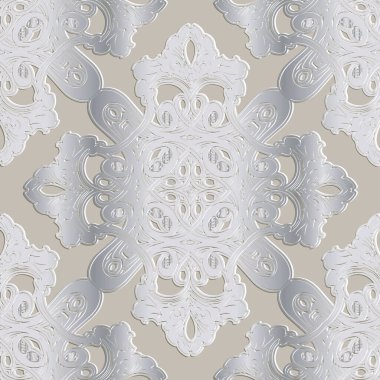Zarif kabartmalı, 3 boyutlu, pürüzsüz barok desenli parlak gümüş renkte, süslü çiçekli ve girdap şeklinde süsler. Kabartmalı kabartma yüzeyi. Sonsuz kabartma lüks dokusu. Vektör tasarımı.