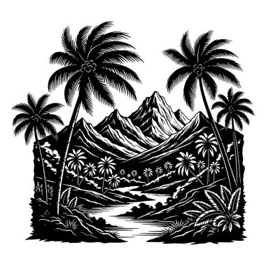 Palmiye ağaçları, dağlar, nehir ve yemyeşil bitki örtüsü olan güzel tropikal bir arazinin ayrıntılı silüet tarzıyla siyah ve beyaz vektör çizimi.