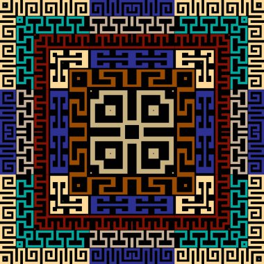 Kusursuz Yunan anahtarı kare çerçeveler ve sınır desenleri. Vektör süsleme antik kabile tarzı geçmiş. Renkli arkaplanı tekrar et. Modern dekoratif tasarım. Sonsuz doku.