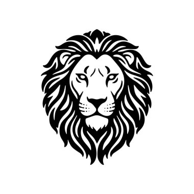 Görkemli aslan kafasının siyah ve beyaz vektör silueti ve ayrıntılı yelesi. Beyaz arkaplanda izole grafik tasarımı. 
