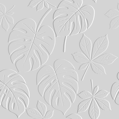 3D kabartmalı tropikal desenli kabartma kabartması ve kabartma canavar yaprakları. Kabartmalı yüzey yapraklı güzel beyaz arka plan. Kabartma efektli elle çizilmiş tasarım. Sonsuz 3d dokusu.