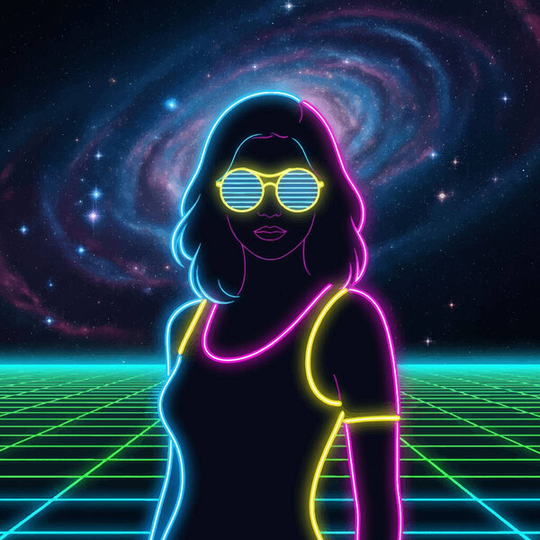 Неоновая очертания женщины в ретро-солнцезащитных очках на фоне космической галактики и светящимся горизонтом сетки в стиле синтвейв. Современная векторная иллюстрация.