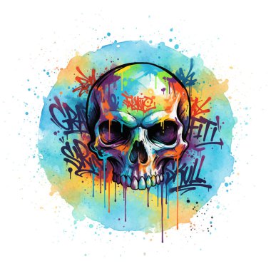 Colorful graffiti skull illustration with paint splashes, drips, and street art lettering on a white background. Vector isolated design.