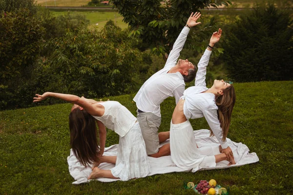 Familie Von Yogis Praktiziert Yoga Auf Der Weide — Stockfoto