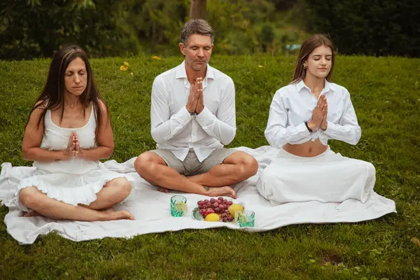 Familie Von Yogis Praktiziert Yoga Entspannt Garten — Stockfoto