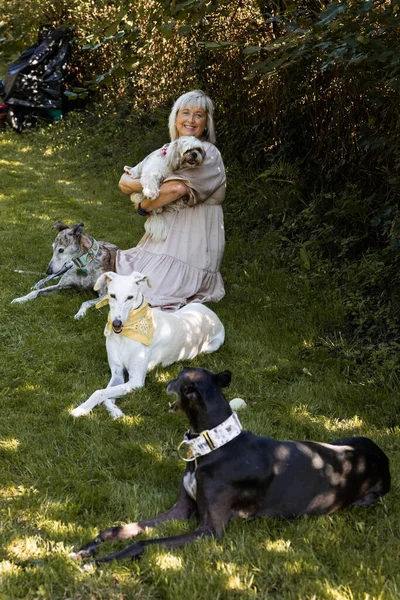 Happy Woman Smiling Her Greyhounds Her Terrier Happy Countryside Vertical — Photo