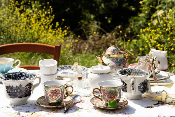 Outdoor Tea Party Set Backdrop Wildflowers Featuring Array Vintage China — Stock Photo, Image