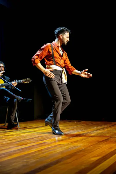 Solo Erkek Flamenko Dansçısı Yumuşak Odaklı Bir Gitaristle Sahnede Hünerini — Stok fotoğraf