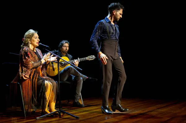 Flamenko Sanatçısı Arka Planda Şarkıcılar Gitaristlerle Tutkuyla Dans Ediyor — Stok fotoğraf