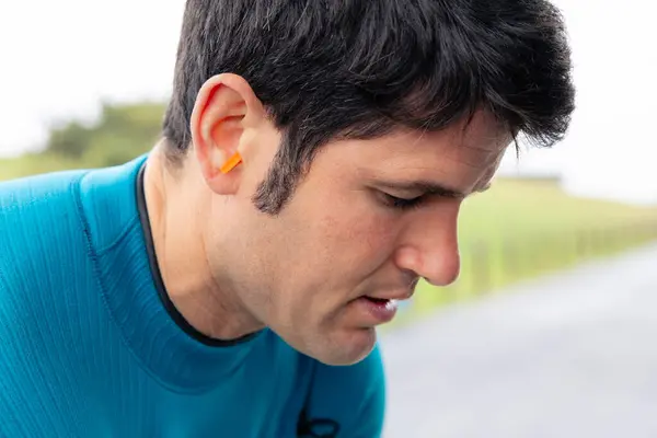 Portrait Surfer Earplugs Fitted Ocean Protection — Stock Photo, Image