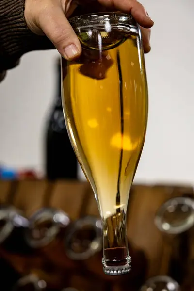 Close Hand Pouring Crafted Txakoli Wine Embodying Sustainable Quality Consumption — Stock Photo, Image