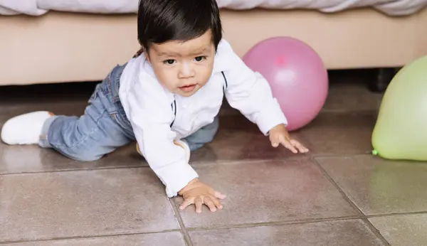 Charming Photo Baby Boy Crawling Tiled Floor Home Moving Colorful Fotos De Stock