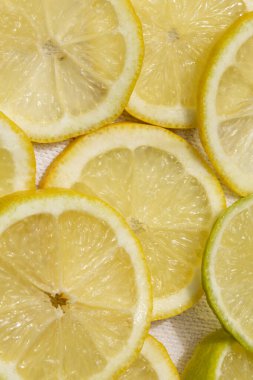 Düzenlenmiş birkaç limon diliminin ayrıntıları, canlı sarı renklerini ve sulu dokularını gözler önüne seriyor..