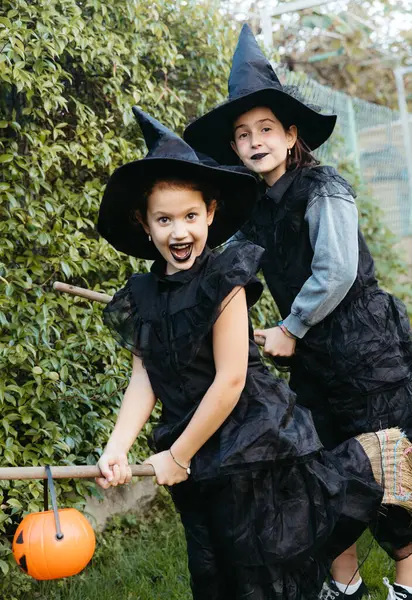 Cadı gibi giyinmiş iki genç kız bahçede süpürgelerle oynuyorlar, Cadılar Bayramı eğlencesinin tadını çıkarıyorlar..