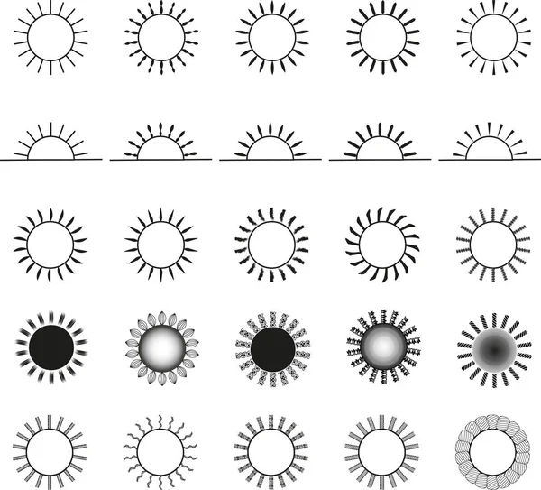 Ikonen Der Sonne Sonnensymbole Schwarz Weiße Sonnensymbole Stück Verschiedener Sonnensymbole — Stockvektor