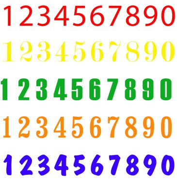 Farklı yazı tiplerinin renkli numaraları. Numaralar 12 3 4 5 6 7 8 9 0 farklı renk ve yazı tipi beyaz arkaplanda