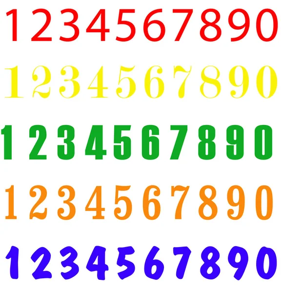 Colored Numbers Different Fonts Numbers Different Color Different Font White — Stock Vector