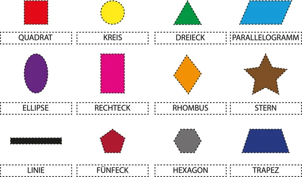 Recortar Figuras Coloridas Nomes Pretos Para Eles Deutch Comboio Conecte — Vetor de Stock