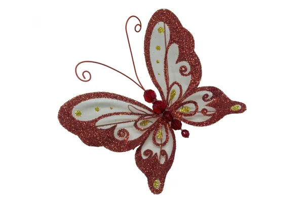 这一套是一只白色背景上的红色蝴蝶 以蝴蝶的形式出现在圣诞树上的玩具 装饰红色蝴蝶指向左上角 除夕树的装饰 — 图库照片