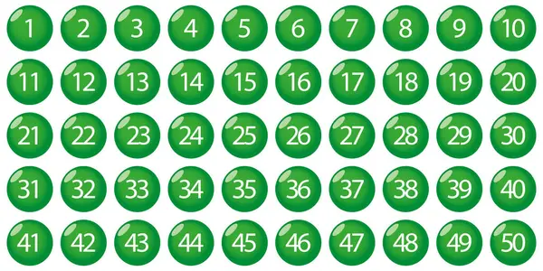 绿色球 白色的数字从1到50 所有数字由1至50 — 图库矢量图片